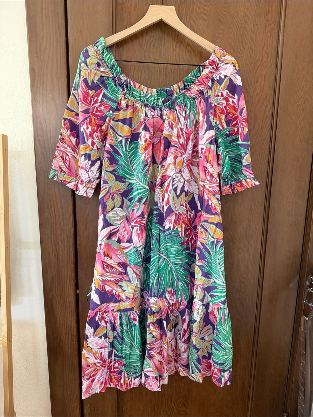 Vintage 80’s Tropical Floral Off-Shoulder Dress - Pink & Green